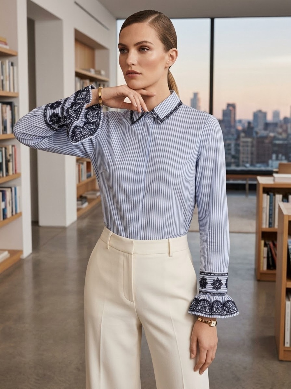 Tory Burch Size 4 Blue White Striped Embroidered Bell Sleeve Button Down Shirt